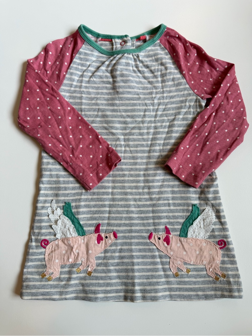 Baby Boden Gray Striped Dress with Pink Polka Dot Sleeves and Green Trim